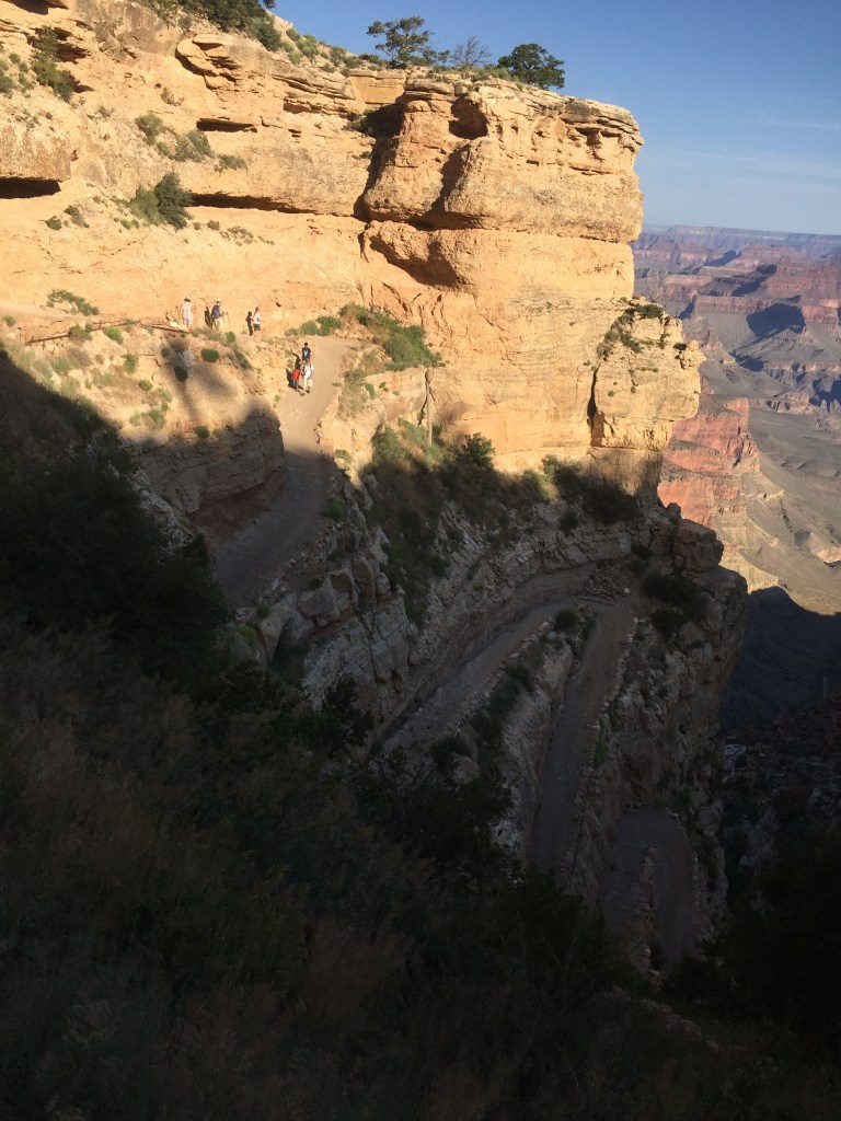 Looking down on the  switchbacks of the South Kaibab Trailhead in the mid-morning shade.