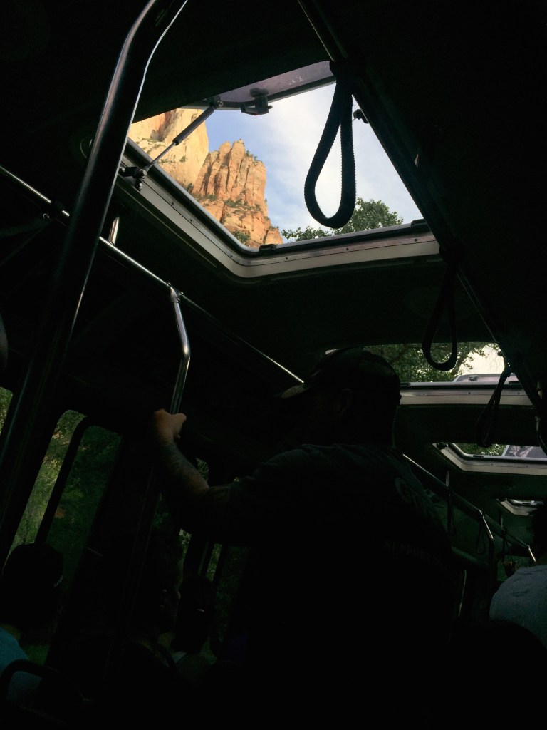 Rock mountain thingies towering over us, visible through the sky lights of the park shuttle.